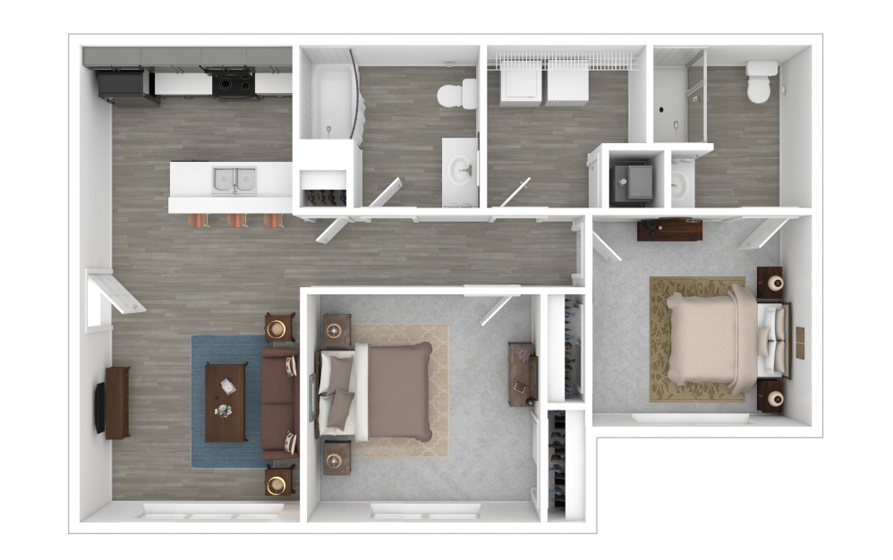 Two Bedroom - 2 bedroom floorplan layout with 2 bathrooms and 1018 square feet