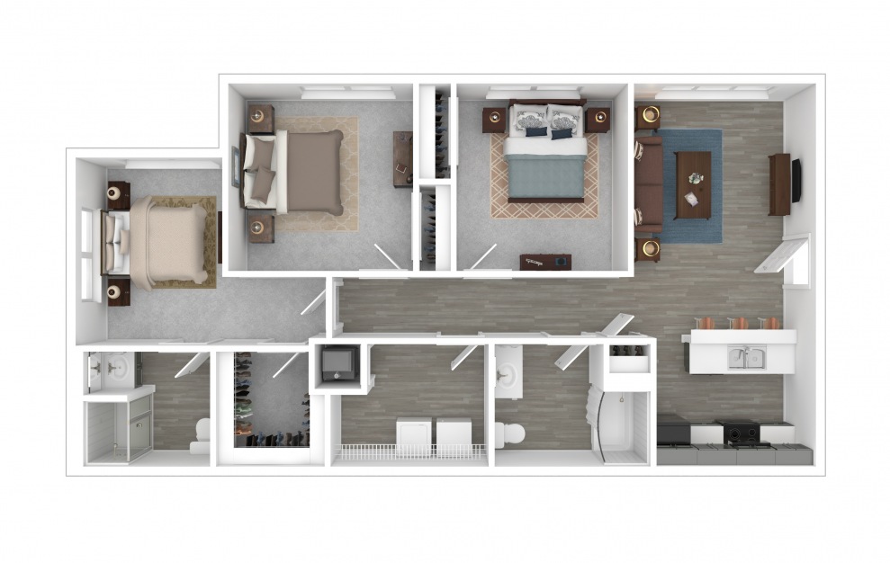 Three Bedroom - 3 bedroom floorplan layout with 3 baths and 1297 square feet. (3D)