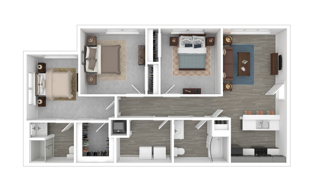 Three Bedroom - 3 bedroom floorplan layout with 3 bathrooms and 1297 square feet (3D)